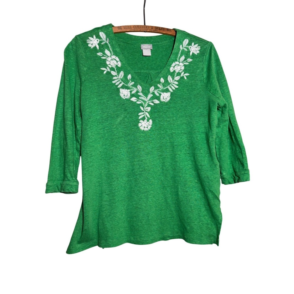 Chicos Size 0 Small Green Linen Embroidered V-Neck Top 3/4 Sleeve‎ Floral Sequin